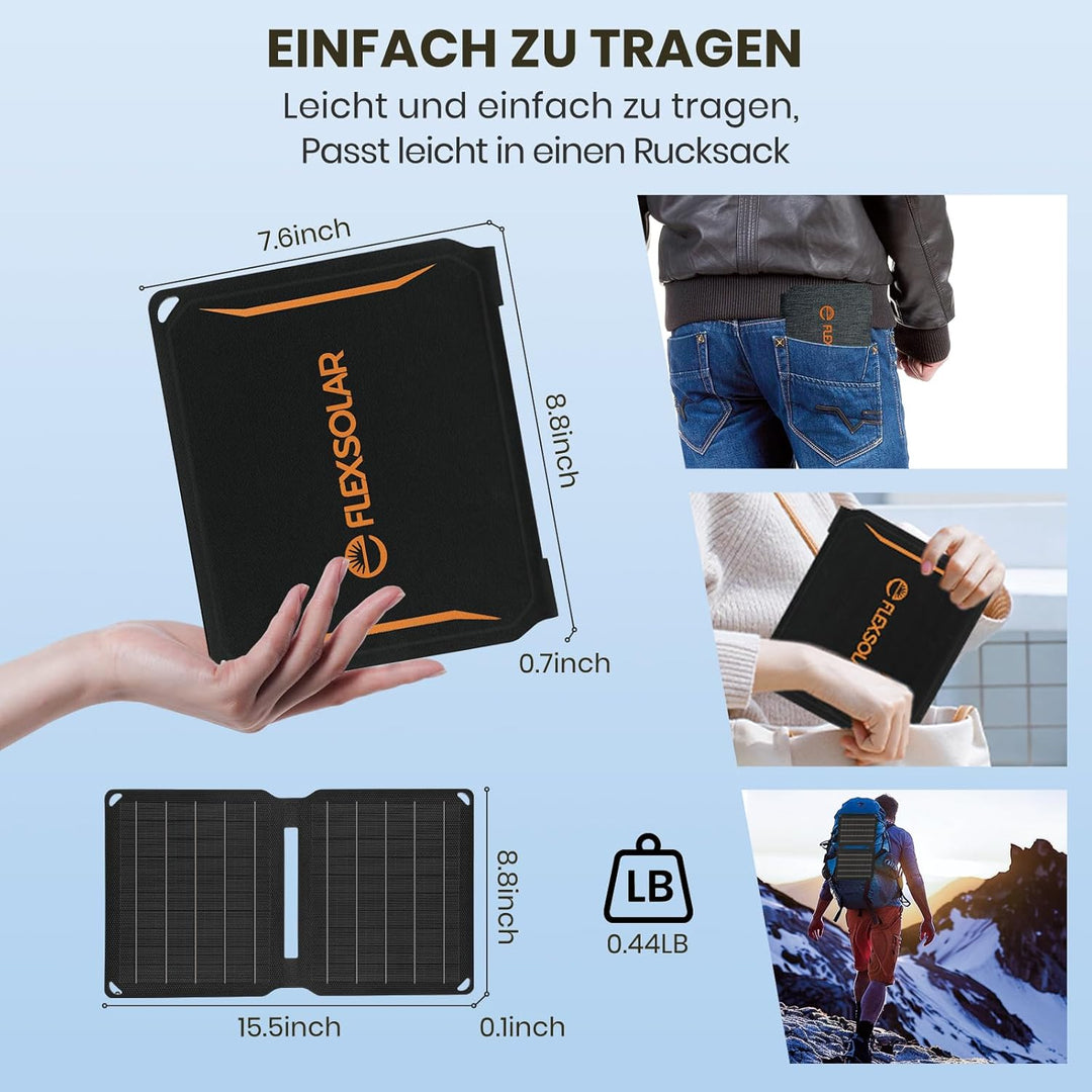 FlexSolar 10W Kleines Faltbar Solar Ladegerät mit 5V/2A USB-A Port,IP67 Wasserdicht ETFE Solar Ladeg