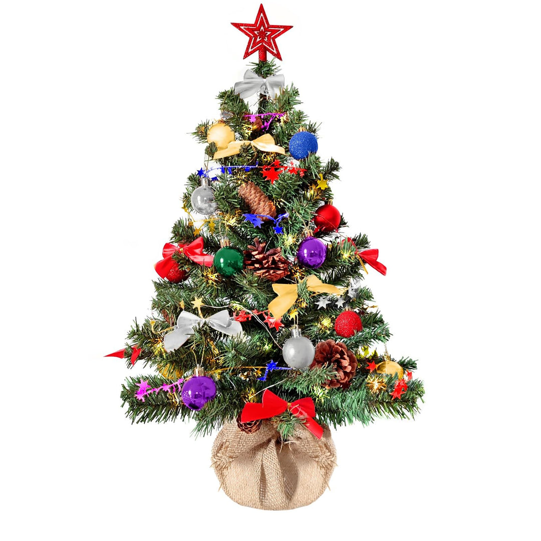 Weihnachtsbaum künstlich (WBD) 90 cm grün mit Weihnachtsdeko bunt und Led Lichterkette mit Batterieb