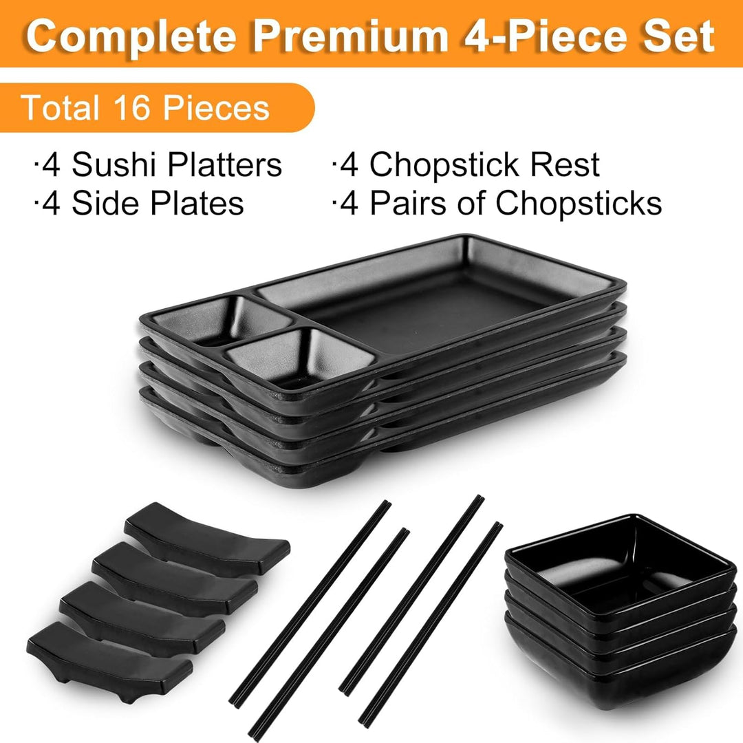 16-tlg. Japanisches Sushi Set Schwarz - Japanese Geschirr aus Melamin Enthält 4 Parr Sushi Stäbchen,