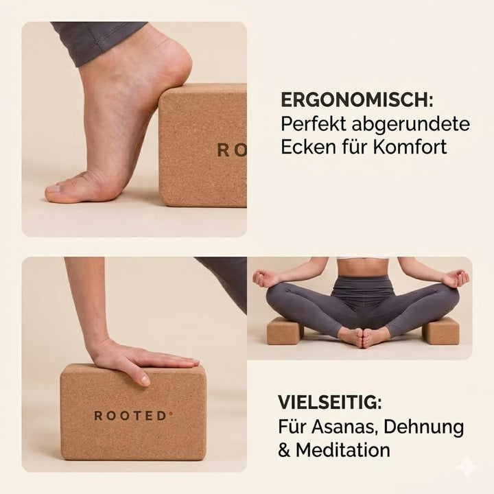 ROOTED Yogablock 2er Set Naturkork – Rutschfest, Ergonomisch & Nachhaltig, 22,5x7x12 cm Leichter Kor