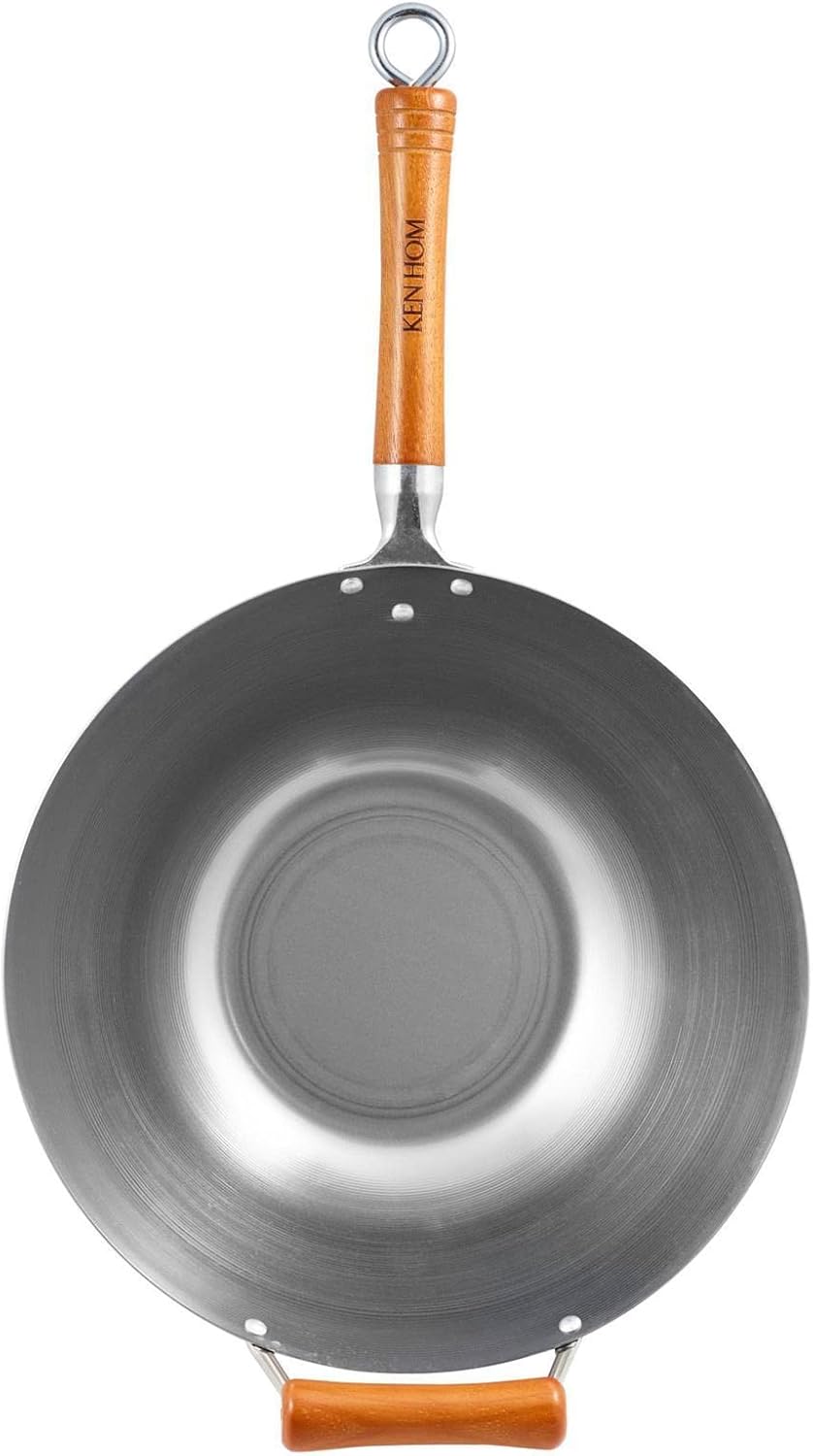 Ken Hom Wok 32 cm 10-tlg. aus unbeschichtetem Karbonstahl mit Gegengriff - induktionsgeeignete Stiel