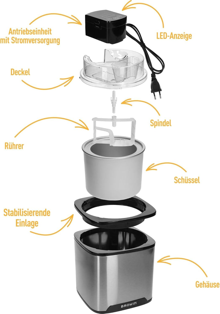 BROWIN® Eismaschine für Eiscreme, Sorbets & gefrorenen Joghurt, 1,5L Kapazität, LED-Display, einfach