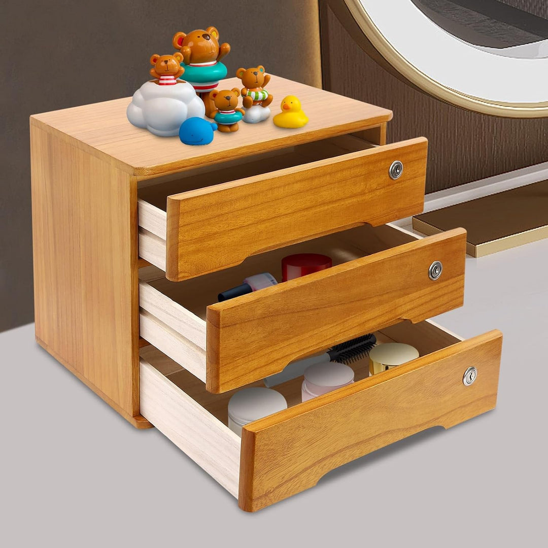Aufbewahrungsbox mit 3 Ebenen, mit abschliessbarer Schublade, Schreibtisch-Organizer aus Holz, L 39