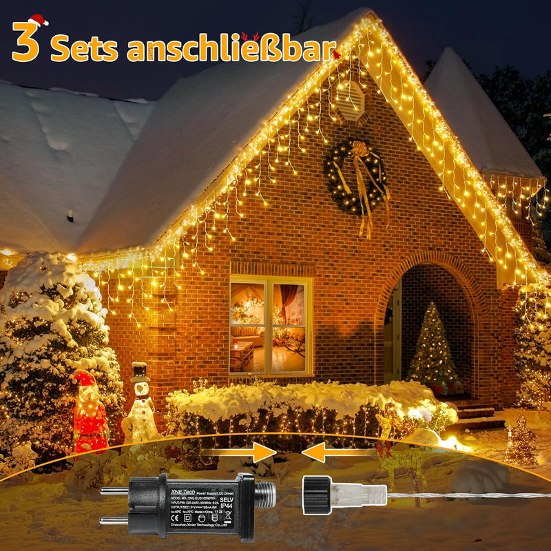 Ollny Eisregen Lichterkette aussen warmweiss, 3.6M 108 LED Eisregen Lichterkette aussen mit Stecker,