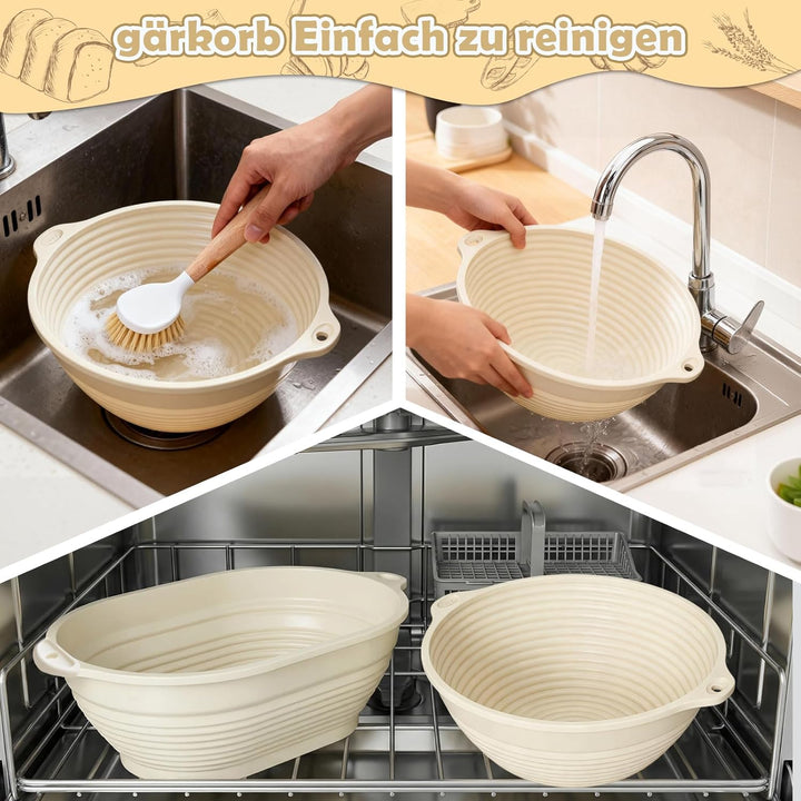 Gärkörbchen Set,13-Teilig Sauerteig Starter Set,28 cm Gärkörbchen Oval und 25 cm Gärkorb Rund aus Si