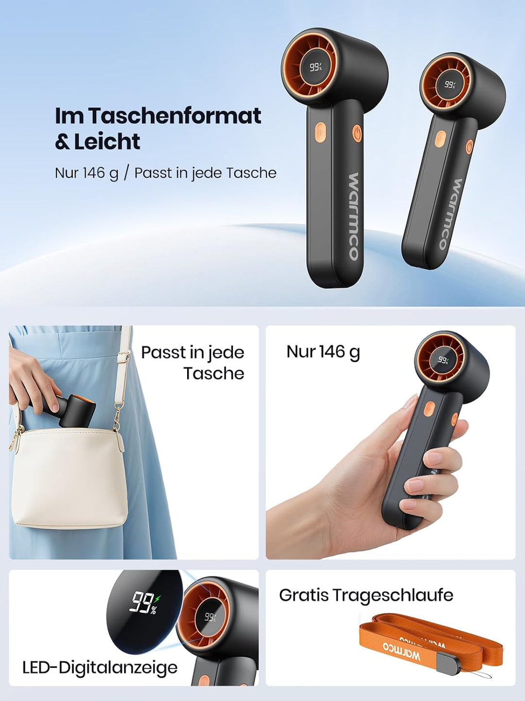 Warmco Tragbarer Handventilator, 5000 mAh, wiederaufladbarer Mini-Reiseventilator, persönlicher Hand