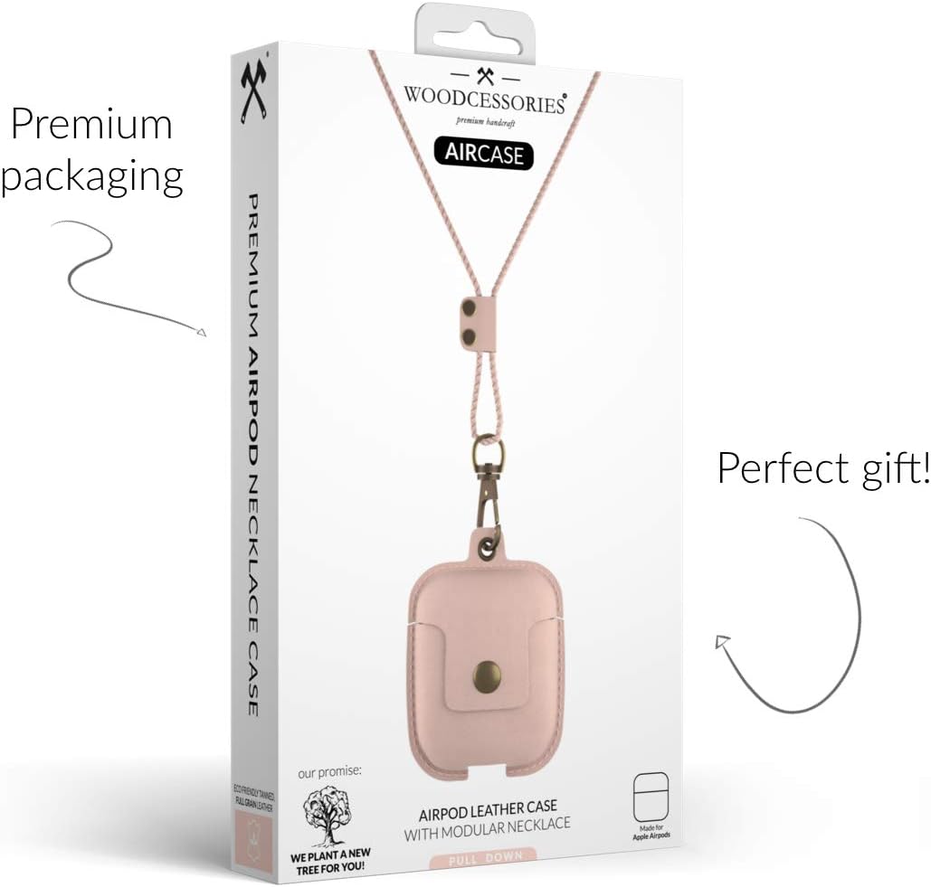 Woodcessories - AirPods 1 &amp; 2 Leder Hülle mit Halskette, AirCase (Rose Nude) AirPods 1 &amp; 2 Rosa, Air