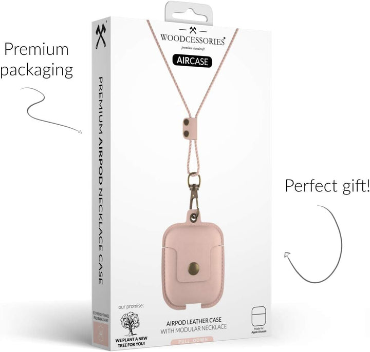 Woodcessories - AirPods 1 &amp; 2 Leder Hülle mit Halskette, AirCase (Rose Nude) AirPods 1 &amp; 2 Rosa, Air