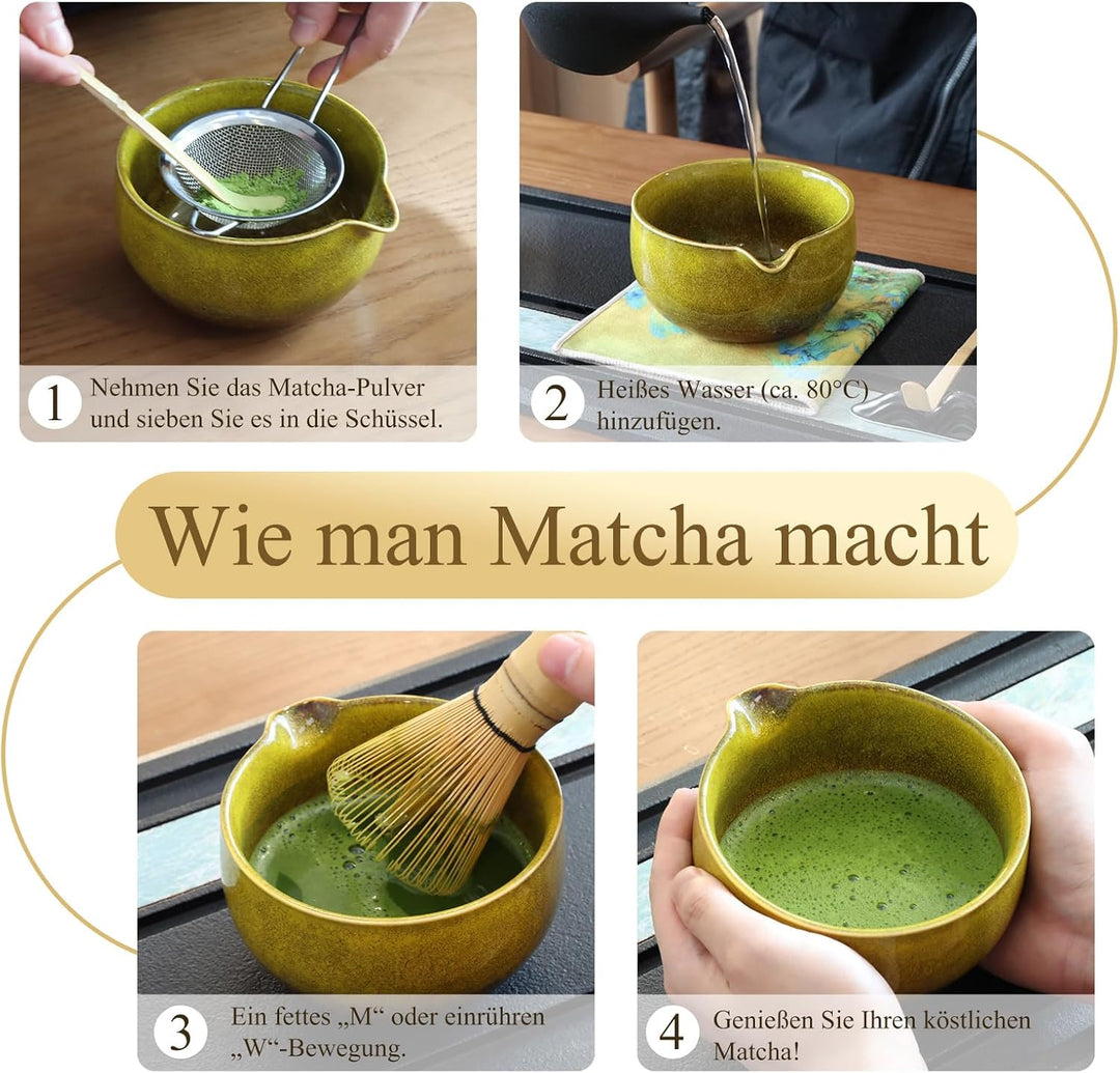 Matcha Set Handgedrehtes Macha Tea Set mit Bambus Matcha Besen, Keramik Matcha Schale, Löffel und Ha
