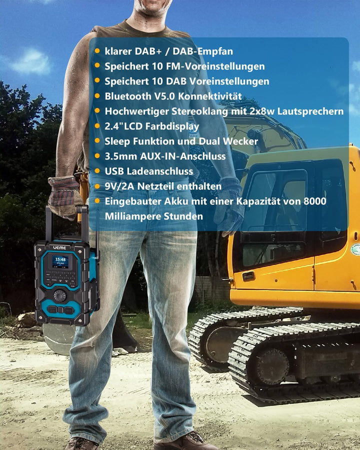 Baustellenradio Robustes DAB+ FM Radio mit Bluetooth 5.0, 16W Stereo-Lautsprecher, 8000mAh Akku bis
