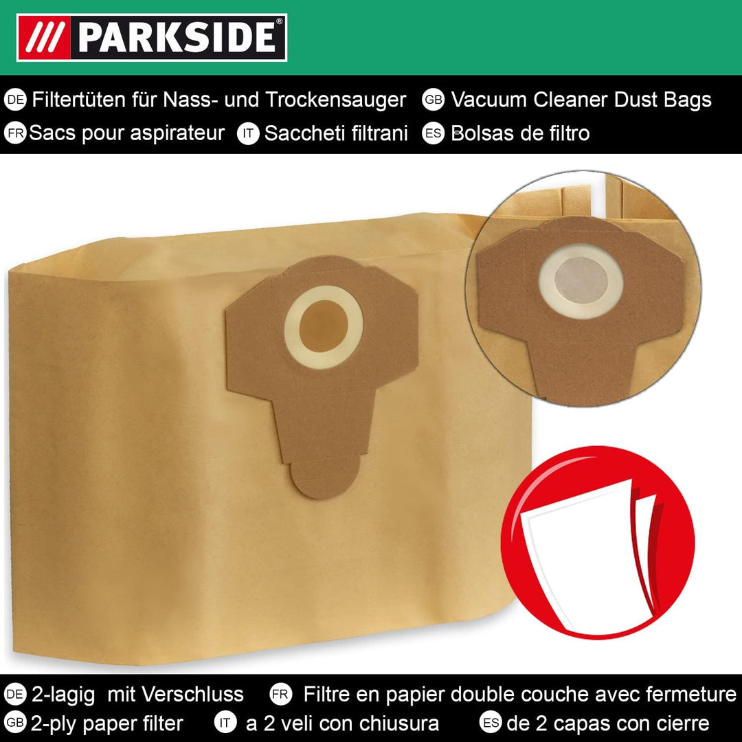 5 Original Parkside Lidl Staubsaugerbeutel für Nass-Trocken-Sauger PNTS 1250, 1250/9, PNTS 1300 A1,