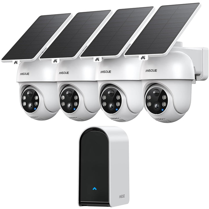 ANSQUE Überwachungskamera Aussen Solar Akku, 4er Set mit AnsqueBase, Ohne Abonnement, 32GB Lokalspei