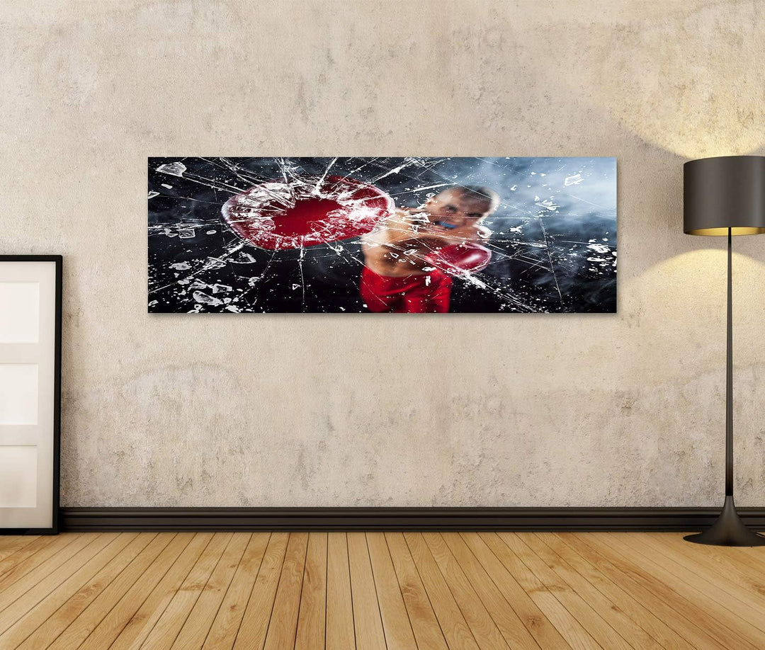 islandburner Bild auf Leinwand Boxer Zertrümmern Glas Junger Athlet Kickboxen Hintergrund Blauer Rau