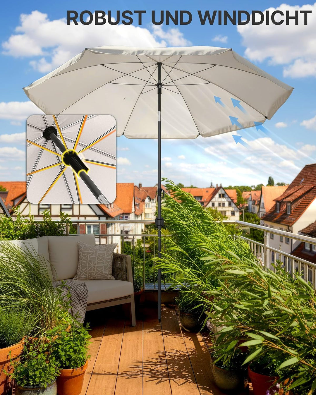 4smile Sonnenschirm Balkon Ø 160 cm SunnyJoy, Beige - UPF 50+ Strandschirm, sicherer Sonnenschirm St