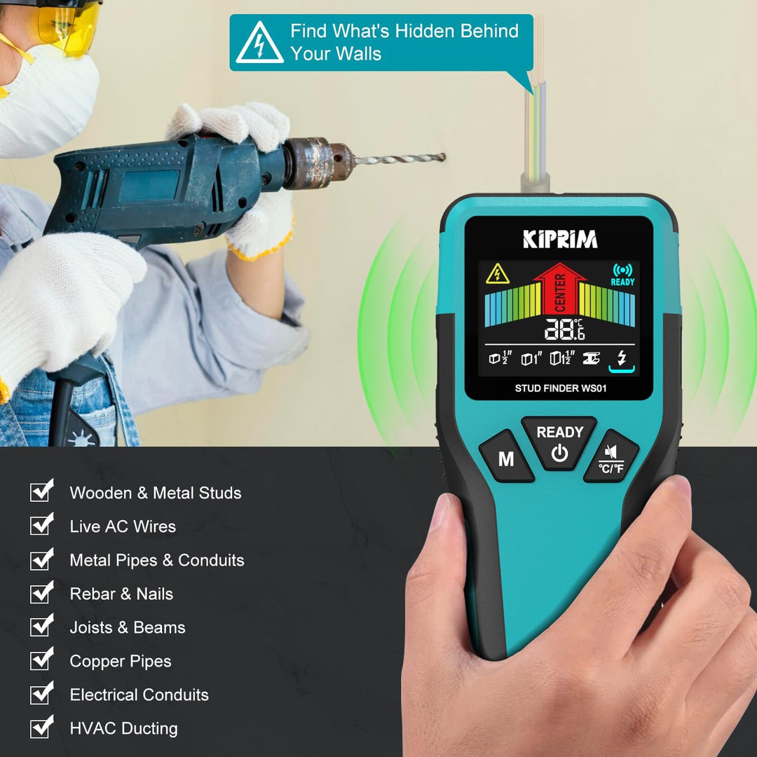 Kiprim Leitungssucher Ortungsgerä mit LCD-Display, 5-in-1 Elektronischer Bolzensucher für Holz, Meta