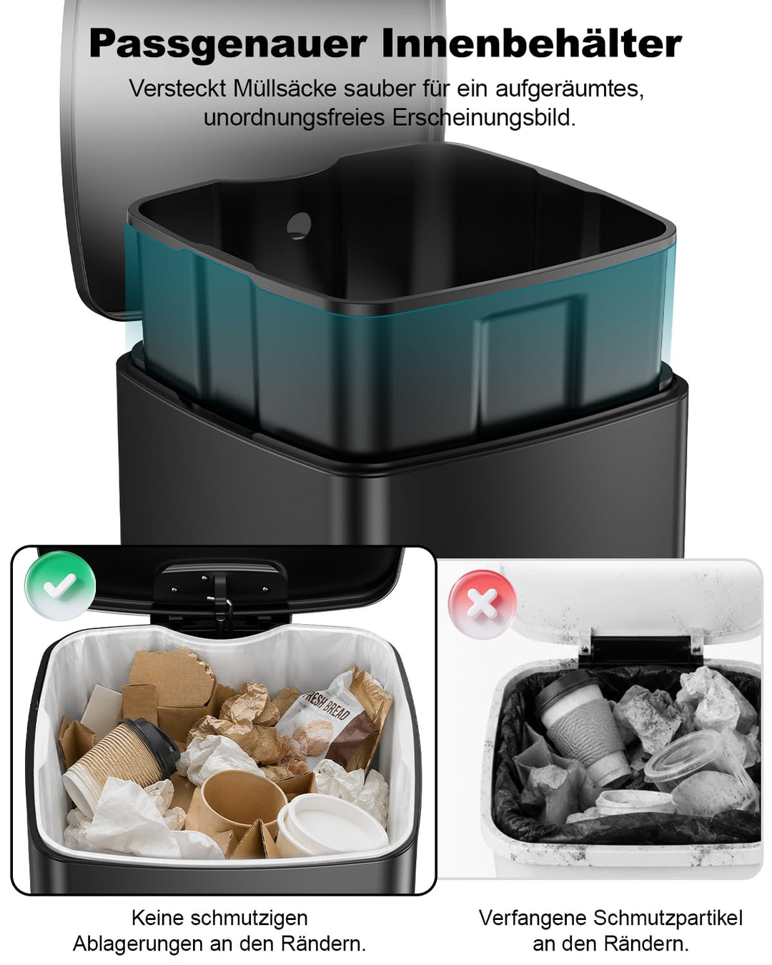lovewind Mülleimer Küche 60L, Edelstahl Tretmülleimer mit Soft-Close Deckel, Herausnehmbarer Innenei