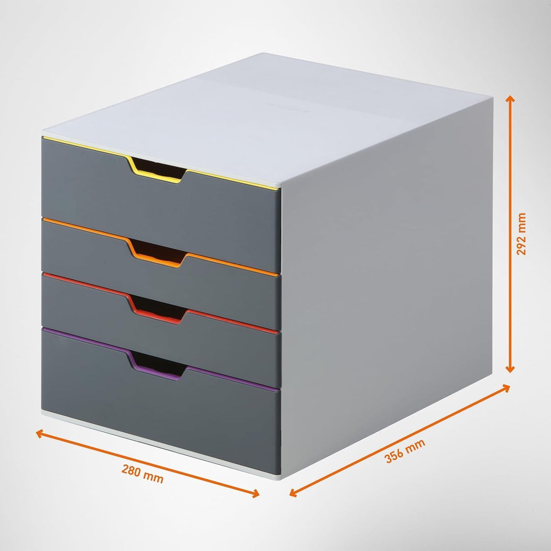 Durable Schubladenbox A4 (Varicolor) 4 Fächer, mit Etiketten zur Beschriftung, mehrfarbig, 760427, 4