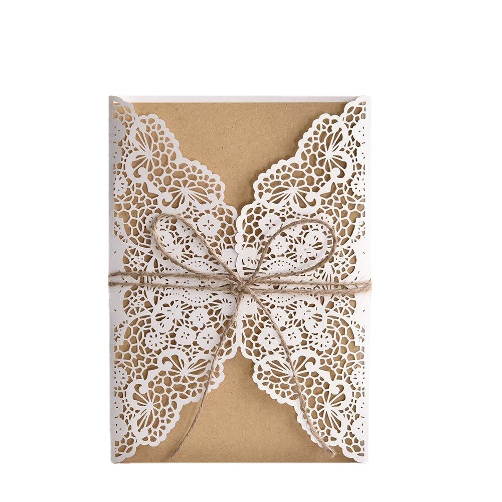 Personalisierte Einladungskarten Elegant Spitze Design-mit Umschläge und Hanf Seil-Vintage DIY Laser