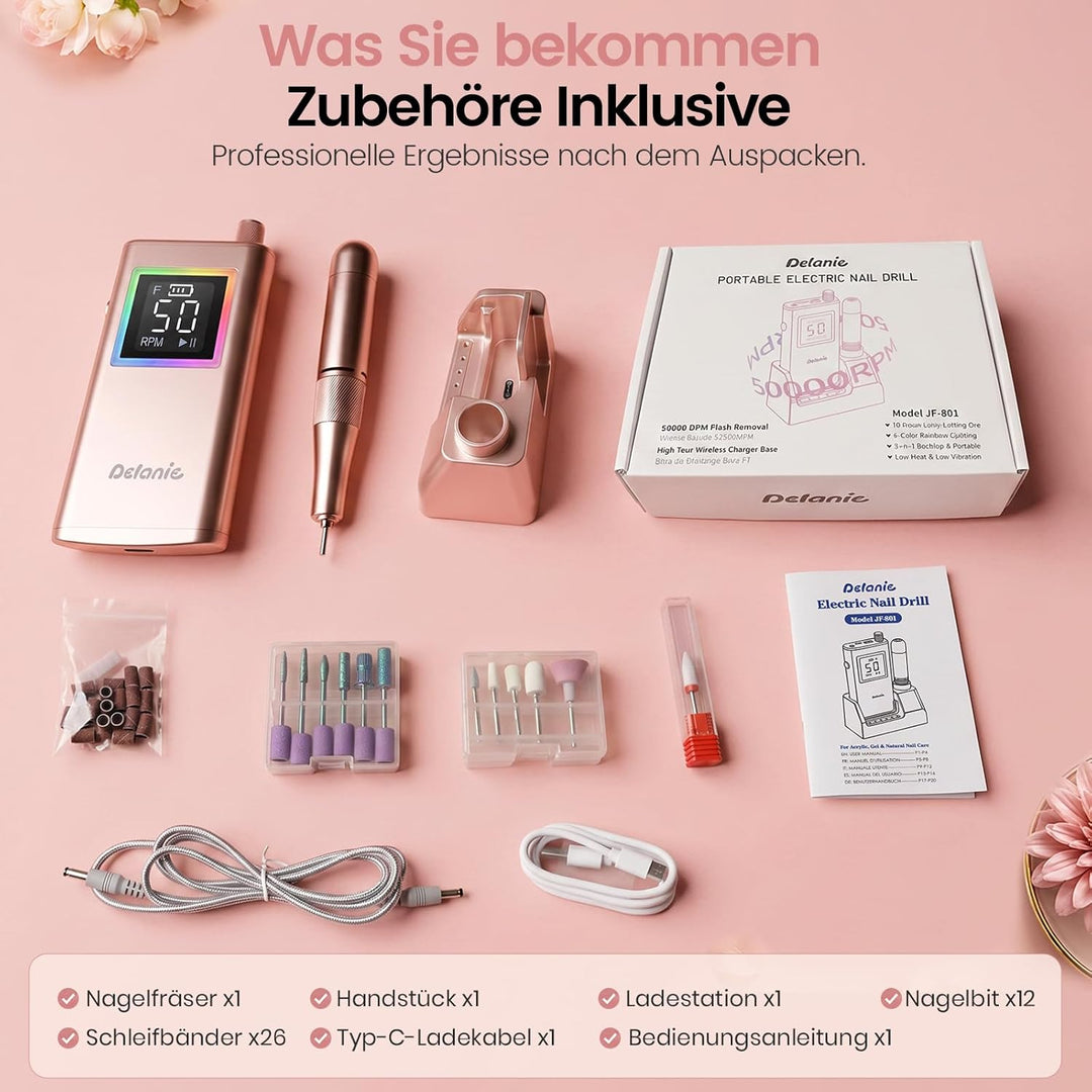 Delanie elektrischer Nagelfräser professionell 50000 U/Min mit Ladestaion, Maniküre Fräser für Nägel