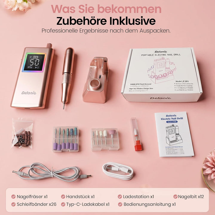 Delanie elektrischer Nagelfräser professionell 50000 U/Min mit Ladestaion, Maniküre Fräser für Nägel