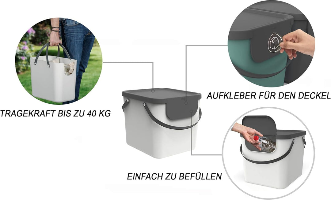 Rotho Albula Mülltrennungssystem 40l für die Küche, weiss, Kunststoff Weiss/Anthrazit, Weiss/Anthraz