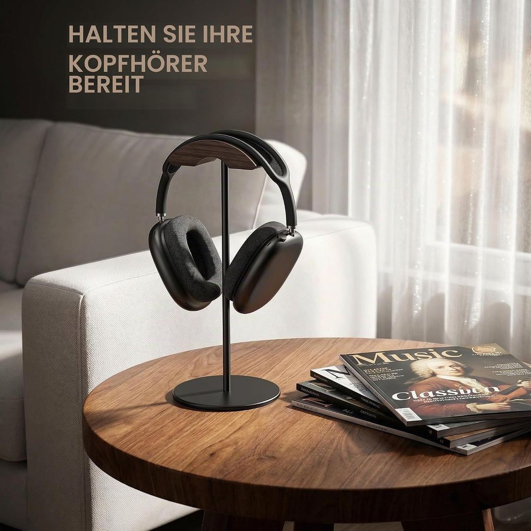 QinCoon Kopfhörer Ständer, Headset Halterung aus Walnuss Holz & Aluminium, Natur Walnuss Gaming Kopf
