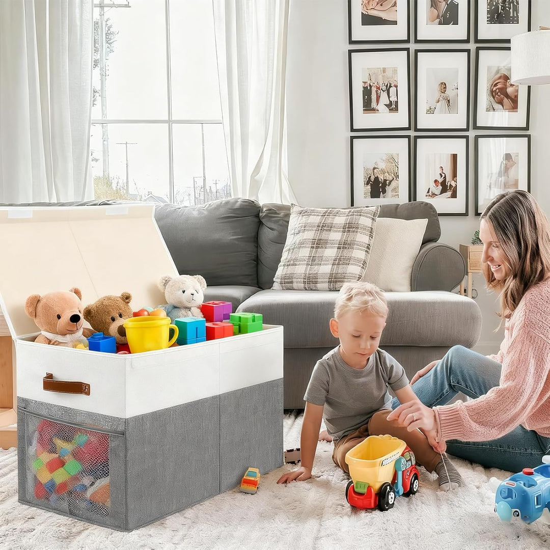Spielzeugkiste mit Deckel, EXTRA GROssE Faltbare Aufbewahrungsbox Kinder 62x32x40 cm mit Tragengriff