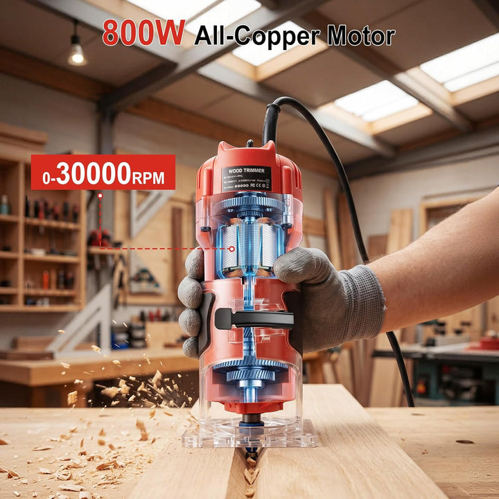 Oberfräse Trimmer 800W, 30000 U/min Einhandfräse Kantenfräse Holz Multifunktionsfräse, Handfräsmasch