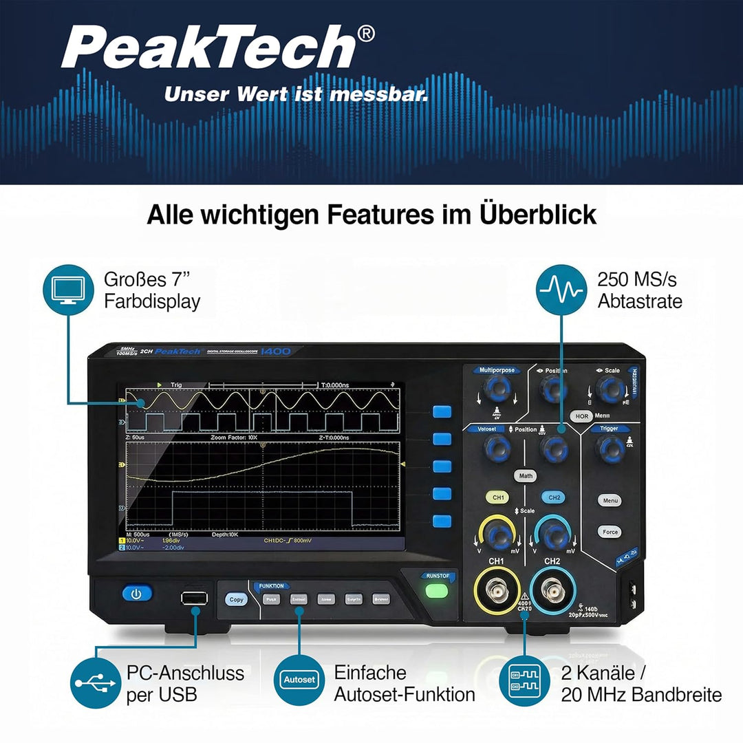 PeakTech 1402, Digital Speicher Oszilloskop, 2 Kanal, 20 MHz, 250 MS/s, USB Schnittstelle, PC Softwa