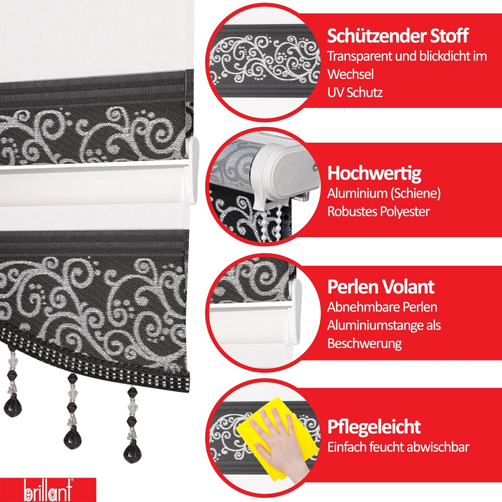 Brillant Doppelrollo Klemmfix ohne Bohren Grau Silber 200 x 90 cm (Länge x Breite) Duorollo Blickdic
