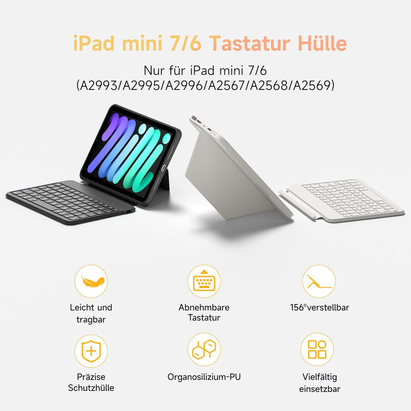 HOU Tastatur Hülle für iPad Mini 7/6, 8,3 Zoll, Ultradünne Klapptastatur, Magnetische Befestigung, M