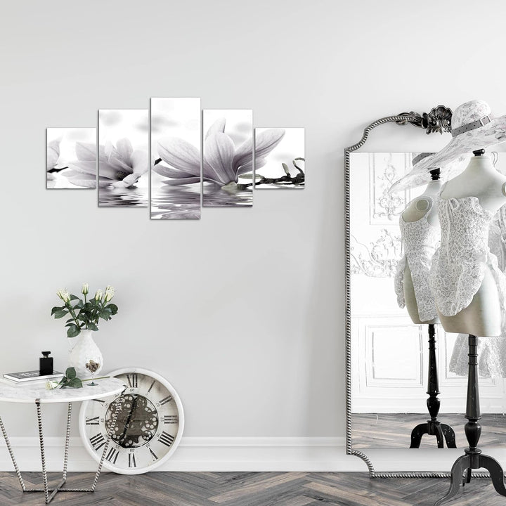 Runa Art Wandbilder Blumen Magnolien 5 Teilig Bild auf Vlies Leinwand Deko Wohnzimmer Spa Schwarz We