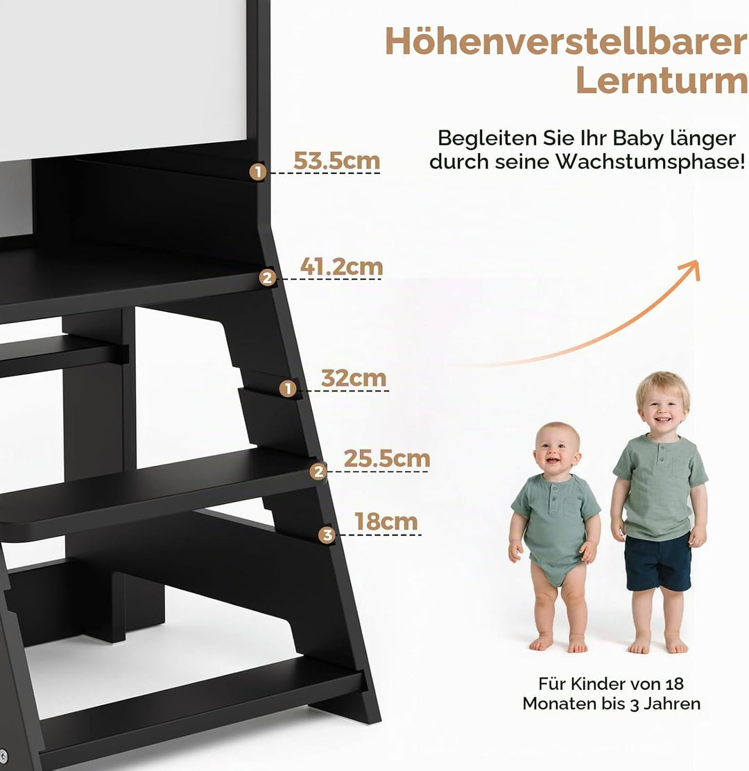 KIDINIX Kinder Lernturm ab 1 Jahr, für Küche und Bad,Schwarz, Schwarz