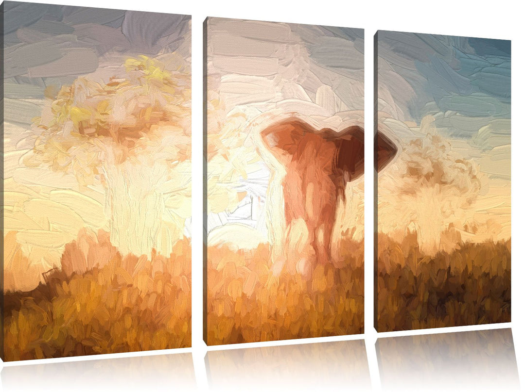 Pixxprint Elefant in der Wüste als Leinwandbild/Grösse: 3 Teilig (120x80 cm) cm/Wandbild/Kunstdruck/