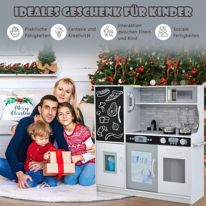 COSTWAY Kinderküche mit 10 Spielzubehör, Spielküche Kinder mit Tafel, Spielzeugküche mit Mikrowelle