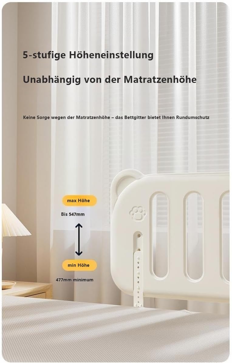 habeig Bettgitter für Kinder, Rausfallschutz, 120 x 47 cm, 5-stufig Höhenverstellbar, Weiss, mit Met
