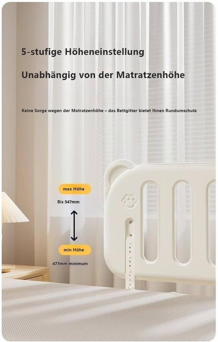 habeig Bettgitter für Kinder, Rausfallschutz, 120 x 47 cm, 5-stufig Höhenverstellbar, Weiss, mit Met