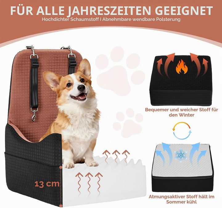PETSFIT Autositz für kleine/mittelgrosse Hunde bis 15 kg – Patentiertes Sicherheitssystem, 15cm Erhö