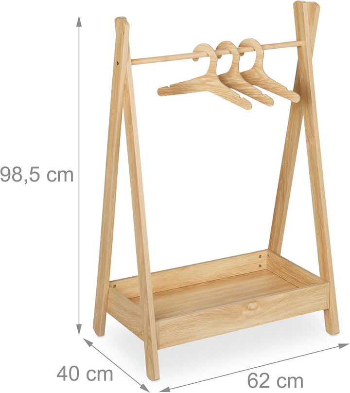 Relaxdays Kleiderständer Kinder, HBT 98,5 x 62 x 40 cm, 3 Kleiderbügel, Kleiderstange & Ablage, Kind