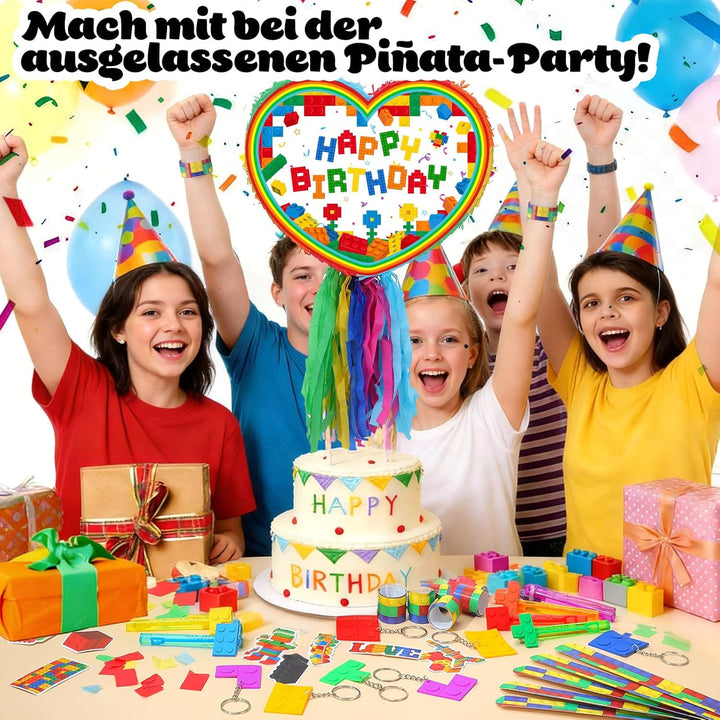 Pinata Geburtstag Happy Birthday Baustein Pinjatta mit Augenbinde und Stock zum Aufhängen Befüllen F