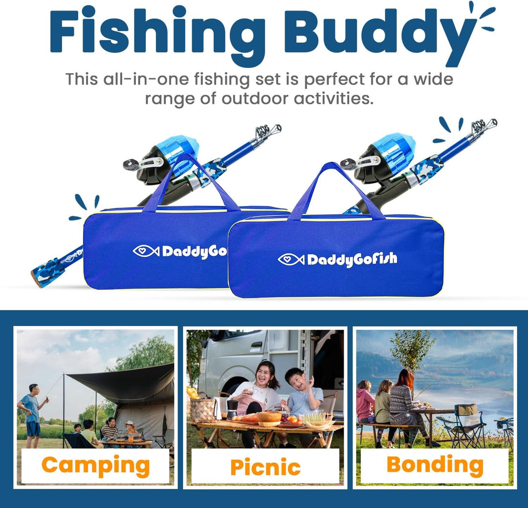 DaddyGoFish Angelset für Kinder mit Rute und Rolle, Angelausrüstung und Zubehör – Angel-Kombi für Ju