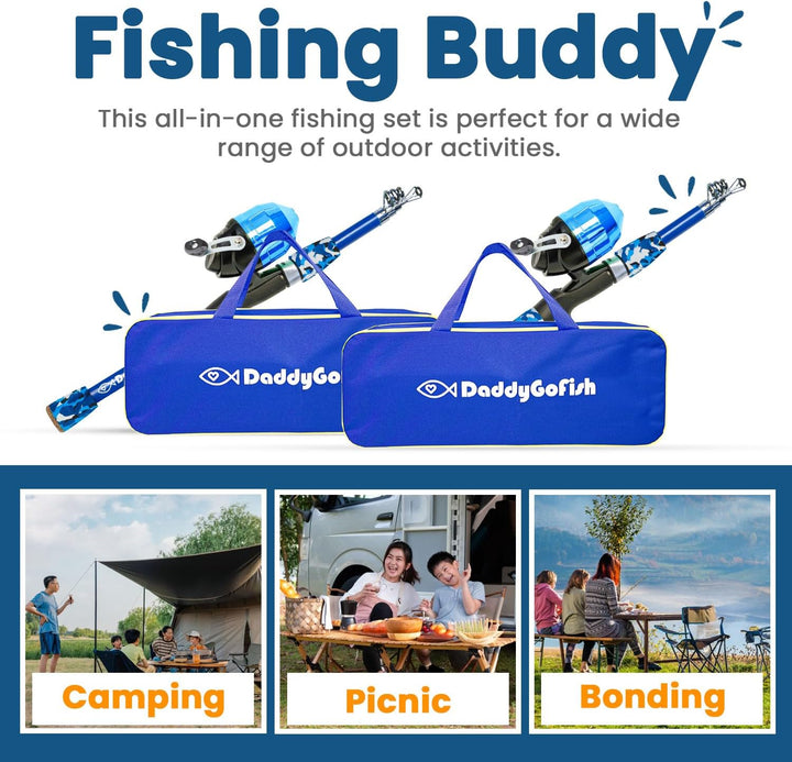 DaddyGoFish Angelset für Kinder mit Rute und Rolle, Angelausrüstung und Zubehör – Angel-Kombi für Ju