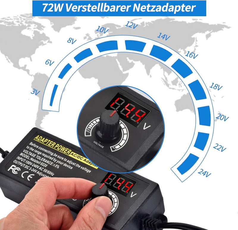 Einstellbares Netzteil 3V-24V Universal Netzteiladapter 3A 72W Verstellbarer Netzadapter AC/DC 100V-