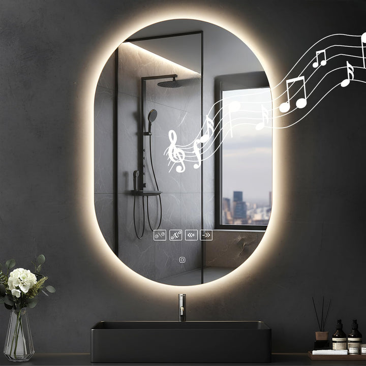 Badspiegel mit Beleuchtung mit Bluetooth Lautsprecher 50x75cm,Runden LED Badezimmerspiegel mit Entfo