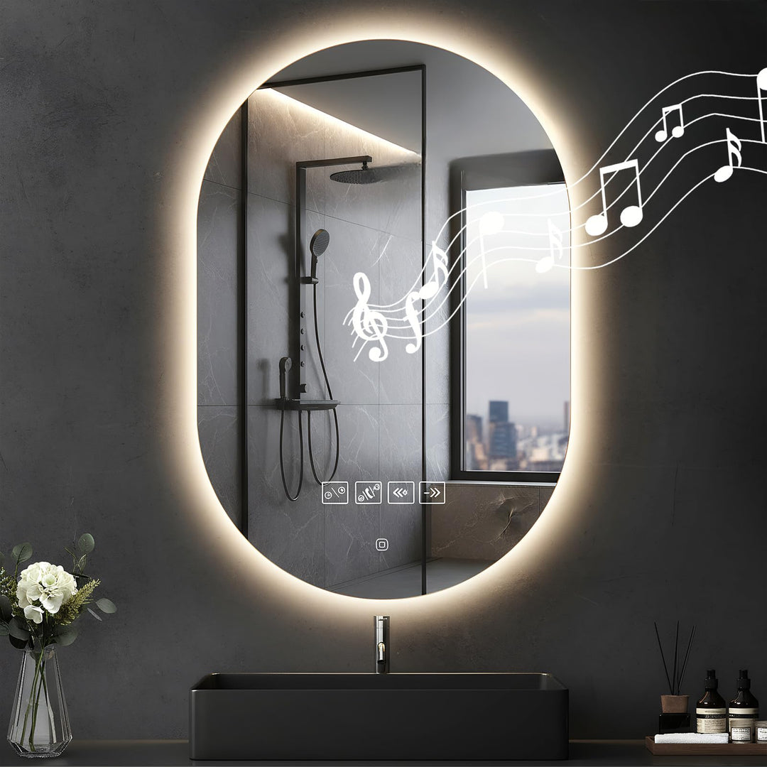 Ovaler Bluetooth Spiegel mit Beleuchtung Bad| Badspiegel mit Beleuchtung 50x75cm, Entfog-Funktion, d
