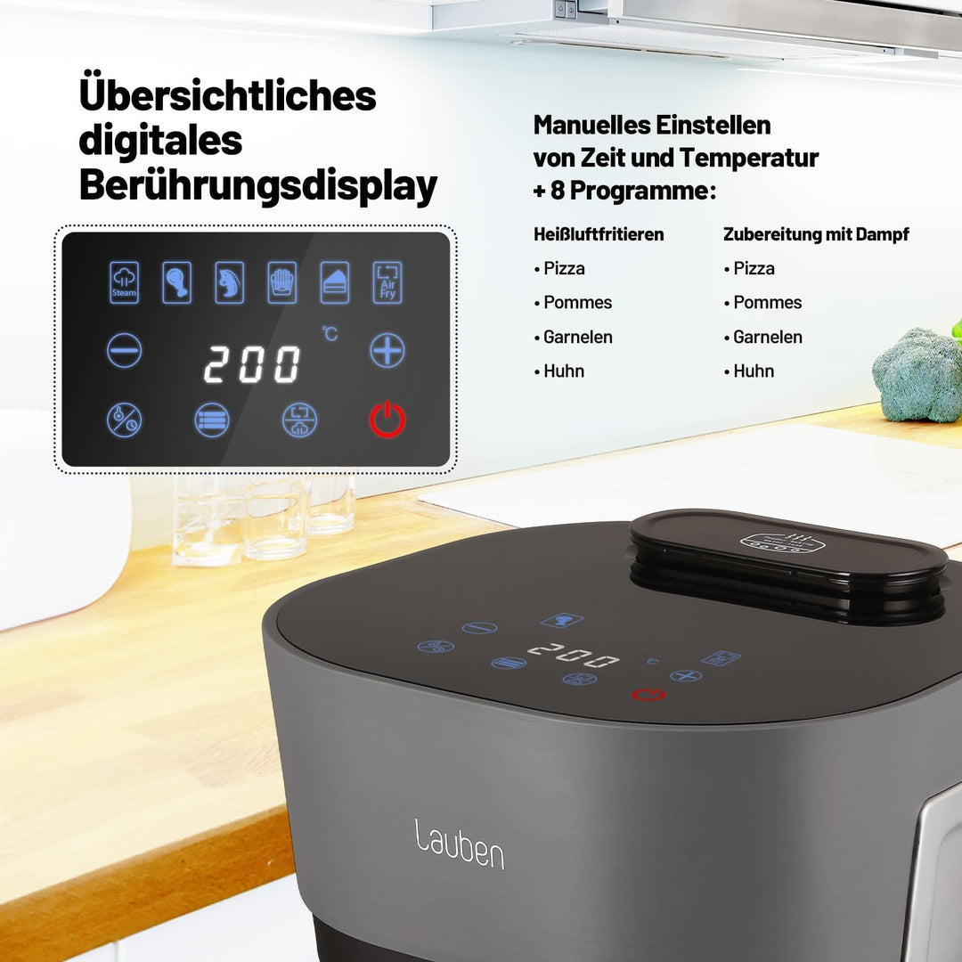 Lauben Glass&Steam Heissluftfritteuse 4500BG Air Fryer mit Glasfrittierkorb, Dampffunktion, 8 Progra