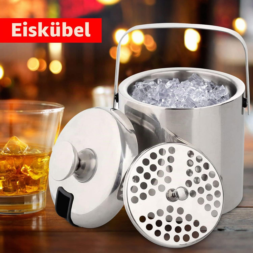 Emsmil Eiseimer mit Deckel Zange und Sieb 3L Eiskübel Edelstahl Eisbehälter Sektkühler Eiswürfelbehä