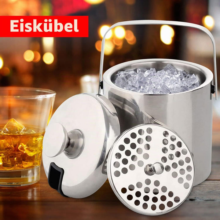 Emsmil Eiseimer mit Deckel Zange und Sieb 3L Eiskübel Edelstahl Eisbehälter Sektkühler Eiswürfelbehä