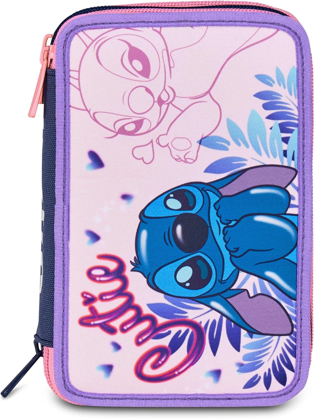 Disney Federmäppchen für die Schule mit 3 Fächern, Lila & Stitch – 2CUTE, mehrfarbig – Federmäppchen
