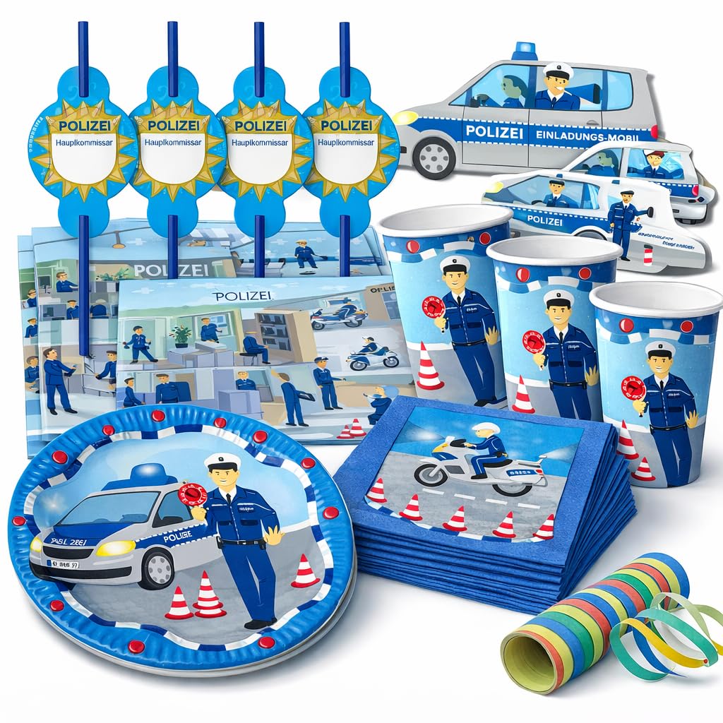 90-TLG Polizei Party Set für Kindergeburtstag mit 6-8 Kinder: Teller, Becher, Servietten, Einladunge